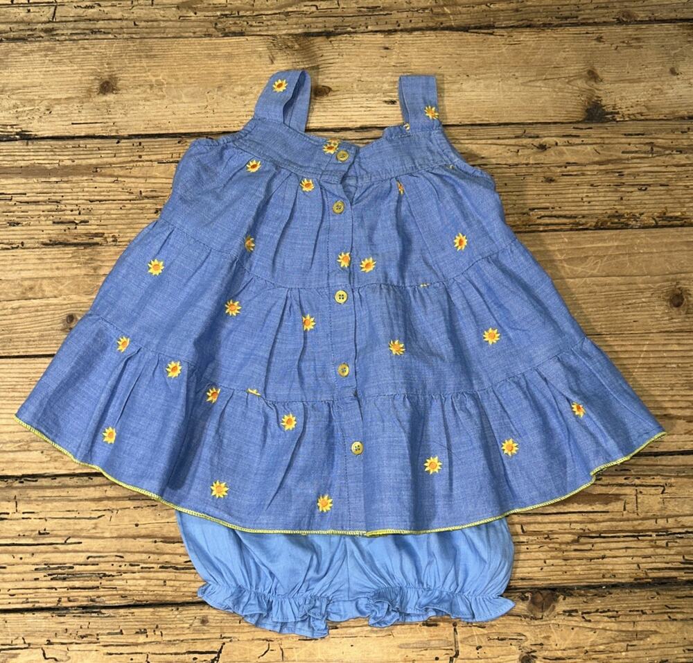Aarong Baby Size 18mths Chambray Sunflower Embroidered Sun Dress W/Panties NWT